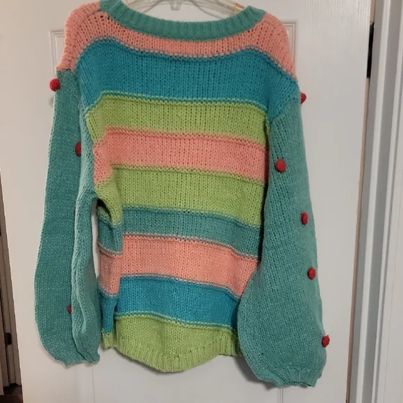 Umgee Multicolor Striped Sweater with Pom Details - Picture 4 of 4